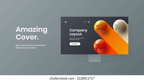 Colorful monitor mockup site screen illustration. Unique landing page vector design template.