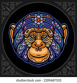 Colorful monkey head mandala arts isolated on black background