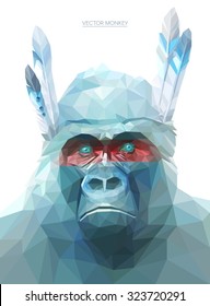 Colorful monkey illustration.  Background with wild animal. Low poly gorilla with feathers.Native American monkey.