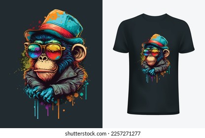 Colorful Monkey wearing a cap and sunglasses. Vector illustration for greeting card, poster, or print on clothes.