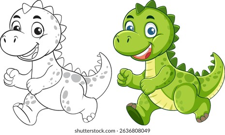 Colorful and monochrome cartoon dinosaur in a playful pose. Bright colors and smooth lines enhance the cheerful composition
