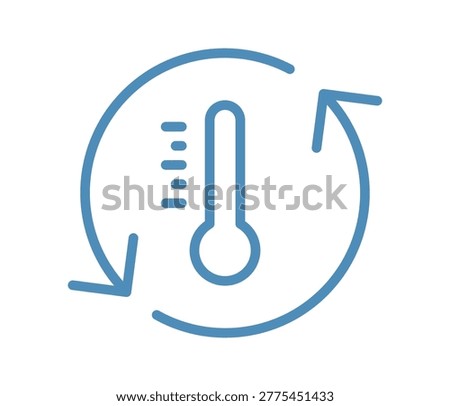 Colorful and monochrome drawing of temperature control cycle icon with thermometer and circular arrows, climate regulation, heating and cooling system symbol vector illustration in line art style.