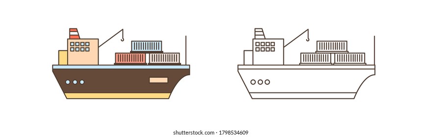 Colorful and monochrome icon set of cargo ships with crane and containers in line art style. Sea watercrafts carrying and loading goods vector illustration. Freight vessels with winches isolated