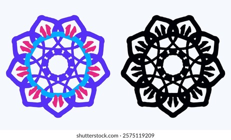 Colorful and Monochrome Mandala Designs for Coloring or Decoration. Two symmetrical mandala designs, one in vibrant purple, pink, and turquoise, and the other in solid black, against a plain backgroun