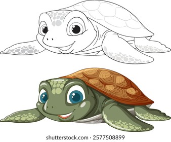 Colorful and monochrome sea turtle vector art