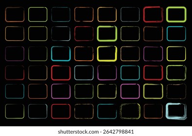 Colorful and monochrome square outlines in a grid layout with hand drawn ink strokes, ideal for abstract, retro, or modern design compositions.


