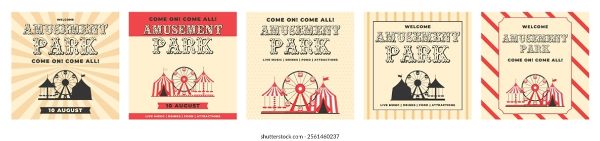 Colorful and monochrome vintage amusement park invitation post set. Ferris wheel, circus tent, carousel in flat style. Retro vector illustration. Template for advertising banner, card, flyer, poster