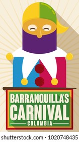 Colorful monocuco with traditional disguise, a stick and holding a flag over a beige background in flat style for Barranquilla's Carnival.