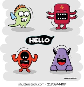 Colorful monster doodle characters, Funny cartoon monsters card