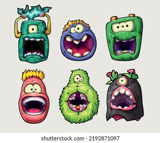 colorful monster faces in set on white