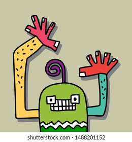 Colorful monster hand drawn vector illustration in cartoon style. Sticker or print for t shirt minimalism