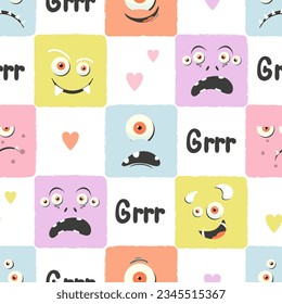 Colorful monster seamless pattern. Funny vector illustration, textile print