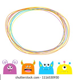 Colorful monster silhouette head face set. Cute cartoon scary character. Baby collection. Eyes, tongue, horns. Scribble frame. White background Isolated. Happy Halloween . Flat design. Vector