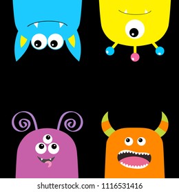 Colorful monster silhouette set. Hanging head face set. Cute cartoon scary character. Baby collection. Eyes, tongue, horns. Happy Halloween. Black background Isolated. Flat design. Vector illustration