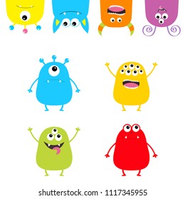 Colorful monster silhouette set. Hanging Upside down head face. Cute cartoon scary character. Baby collection. Eyes, tongue, hands up. White background. Isolated. Happy Halloween . Flat design. Vector