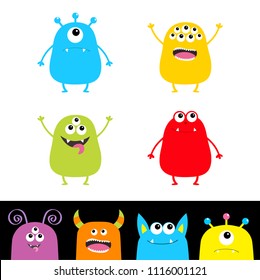 Colorful monster silhouette set. Head face. Cute cartoon scary character. Baby collection. Eyes, tongue, hands up. White black background Isolated. Happy Halloween card Flat design Vector illustration