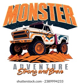 Colorful monster truck illustration. Art with lettering composition for prints on t-shirts, posters, decoration, etc.
​