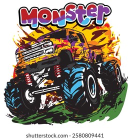 Colorful monster truck jumping over grassy terrain with splashes of mud. Extreme sports illustration concept, vector illustration
