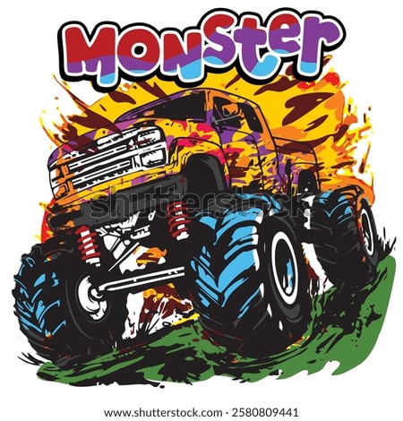 Colorful monster truck jumping over grassy terrain with splashes of mud. Extreme sports illustration concept, vector illustration
