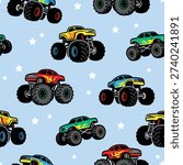 Colorful Monster Trucks Seamless Pattern for Kids