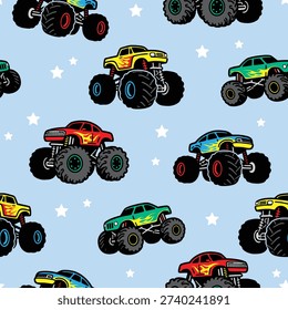 Colorful Monster Trucks Seamless Pattern for Kids