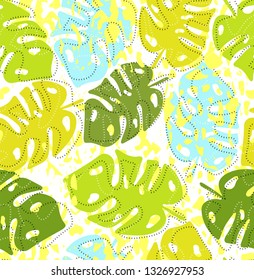 Colorful Monstera deliciosa leaves seamless pattern 
