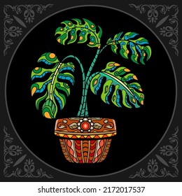 Colorful monstera deliciosa plant zentangle arts, isolated on black background