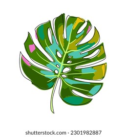 Colorful Monstera leaf isolated on white background. Tropical leaves. Hand drawn sketch. Cartoon. Vector illustration of a plant.