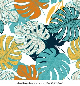 Colorful monstera leaves backdrop. Tropical pattern, botanical leaf seamless pattern. Trendy design for Printing, textile, fabric, fashion, interior, wrapping paper concept. Vector illustration  