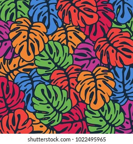 Colorful monstera leaves seamless pattern background. Tropical poster design. Monstera art print. Wallpaper, fabric, textile, wrapping paper vector illustration design