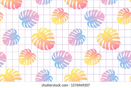 Colorful monstera leaves seamless pattern with grid vector art.