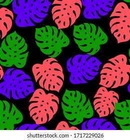 colorful monstera leaves seamless pattern on black background