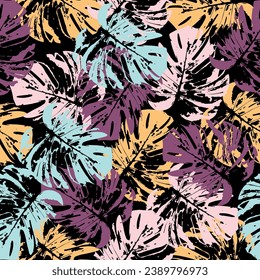 Colorful Monstera Leaves Seamless Pattern Textile Illustration Background Nature textile fashion wallpaper print.