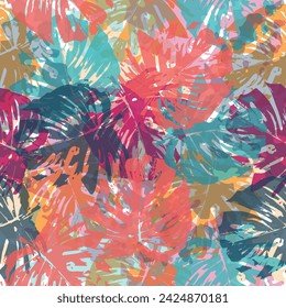 Colorful Monstera Leaves Seamless Pattern Textile Illustration Background Creative collage seamless patterns.