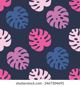 Colorful monstera leves on dark blue background, vector  seamless pattern