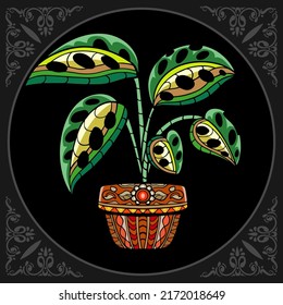 Colorful monstera variegata plant zentangle arts, isolated on black background