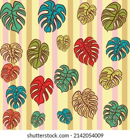 Colorful Monsteras or Adam's Rib leaves pattern of various sizes with yellow and red stripes background for seamless prints. Vector illustration.