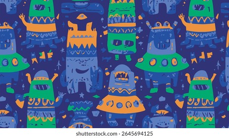 Colorful monsters interact whimsically within a vibrant whimsical background illustration