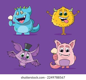 Colorful monsters set. Collection of stickers for social networks. Fictional characters, imagination and fantasy, toys or mascots. Cartoon flat vector illustrations isolated on violet background