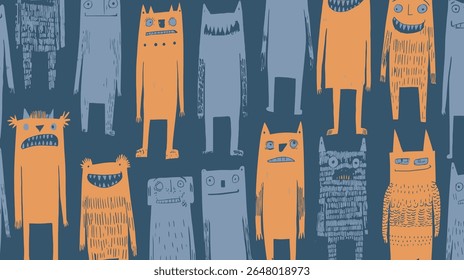 Colorful monsters standing together create a whimsical pattern against a dark background illustration