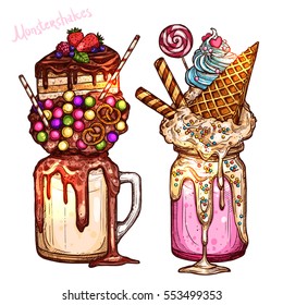 Colorful Monstershakes In Sketch Style. Freak And Crazy Milkshakes. Hand Drawn Creative Dessert