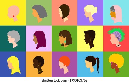 Colorful montage of a diverse variety of anonymous women's profiles 