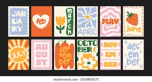 Cartazes coloridos do mês no estilo retro do desenho animado. Ilustrações divertidas com todos os doze meses do ano e símbolos sazonais: sol, morango, flor. Decoração para decoração para calendários e diários, decoração de parede