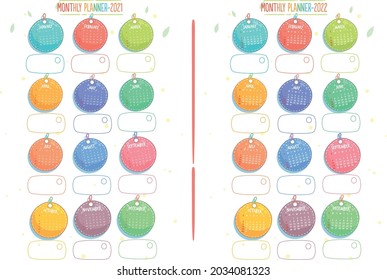 Colorful monthly calendar planner with abstract natural elements. 2021 - 2022 calendar planner template