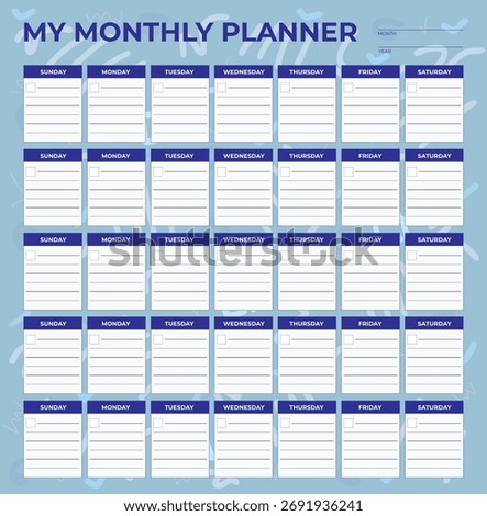 Colorful Monthly Planner Template – Printable Calendar Organizer Layout - Vector Design - Blue Color