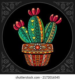 Colorful moon cactus plant zentangle arts, isolated on black background