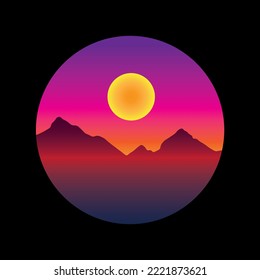 Colorful moon and mountain silhouette illustration logo design