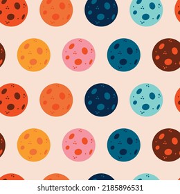 Colorful moon seamless pattern in pink, orange, blue, turquoise, yellow and brown. Vector geometric illustration for science and sky lovers. More designs available in my vintage retro space