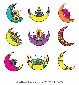 Colorful moon set with plant pattern