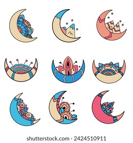 Colorful moon set with plant pattern
